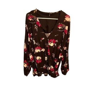 New Directions Faux Wrap Blouse Black Pink Floral
